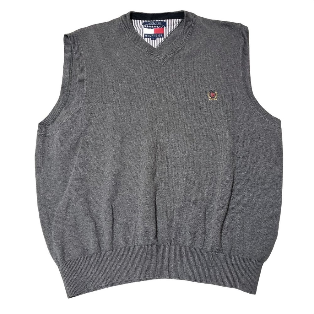 VTG Tommy Hilfiger Sweater Vest V-Neck Cotton Large Solid Gray Crest Logo